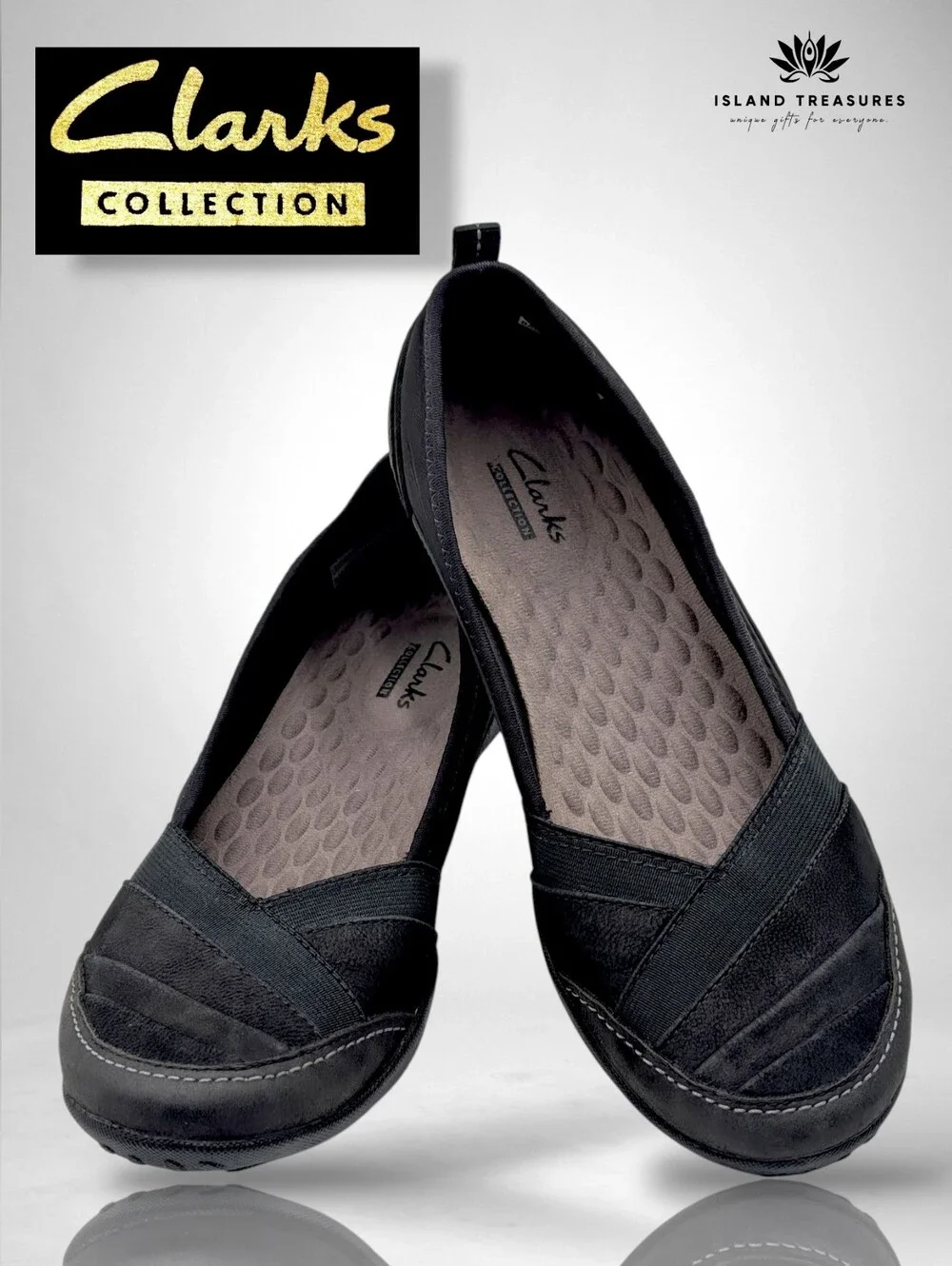 Clarks Collection Size 7.5M Slip On Black Leather Cushioned Insoles Ballet Flats